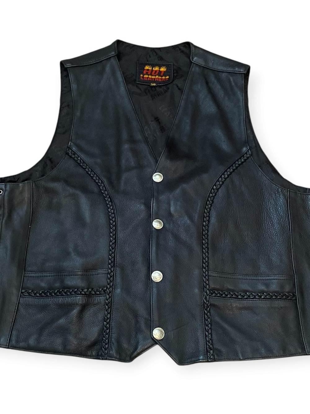 HOT LEATHER Black Leather Biker Vest, Men’s 50